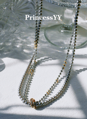 PrincessYY时尚中性灰珍珠叠戴项链配饰素链饰品小众设计高级感潮