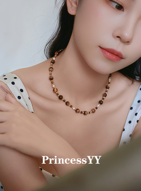 PrincessYY天然虎眼石串珠项链高级轻奢小众毛衣2025新款男女配饰