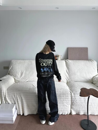 TSAOOJ秋冬复古做旧字母印花白墨数码直喷重磅纯棉打底衫男女同款 - 图3