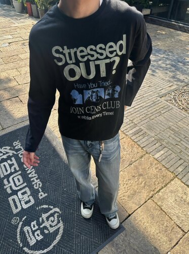 TSAOOJ秋冬复古做旧字母印花白墨数码直喷重磅纯棉打底衫男女同款 - 图0