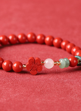 原创设计原矿朱砂手串女款本命年大红色高含量红砂梅花手链批发