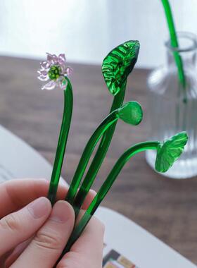 荷花荷叶玻璃花瓶书房桌面摆件