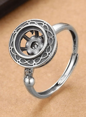 S925纯银复古民族风中国风圆形绿松石戒指空托转经旋转戒托