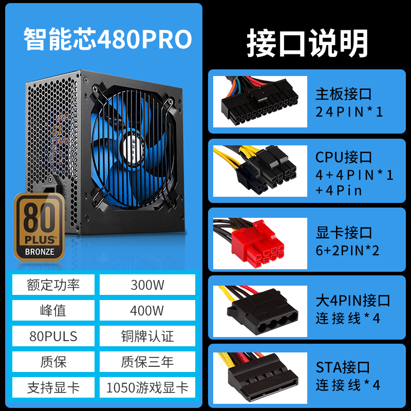 金河田智能芯680PRO 580PRO电源 500W台式机电脑主机电源额定400W - 图1