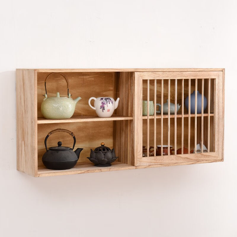 憨娃实木壁挂博古架茶具置物架茶杯架子茶壶架挂墙吊柜中式茶壶收 - 图0
