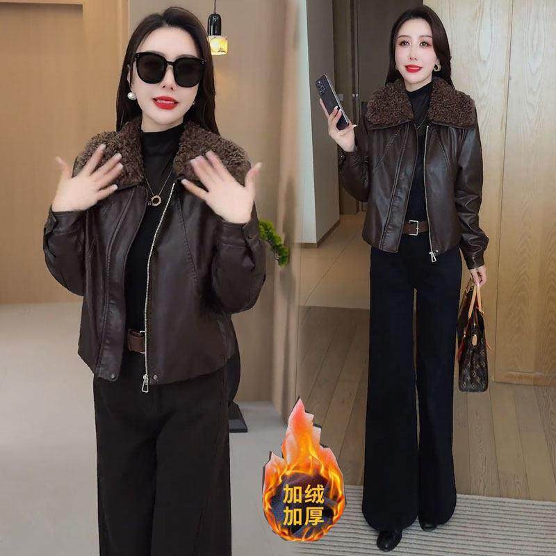 香港代购加绒加厚皮衣外套女冬季新款时髦羊羔毛拼接翻领PU皮夹克,淘宝优惠券,粉丝福利购,淘宝优惠卷