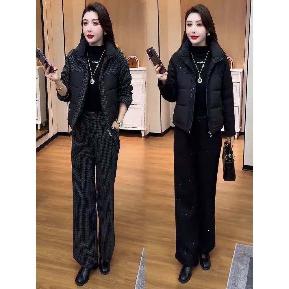 香港代购时尚休闲套装女冬季新款毛呢拼接棉衣外套阔腿裤两件套潮,淘宝优惠券,粉丝福利购,淘宝优惠卷