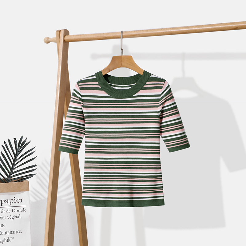 夏季新款冰丝针织五分袖圆领修身条纹半袖百搭T恤女薄外套上衣 - 图2