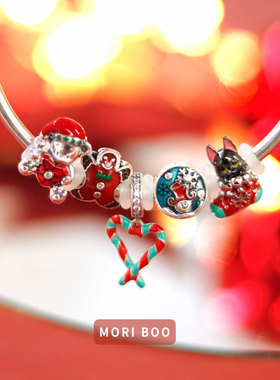 猫哩卟卡通圣诞小黑猫925银串珠可爱beads彩珠手链手镯DIY珠子女