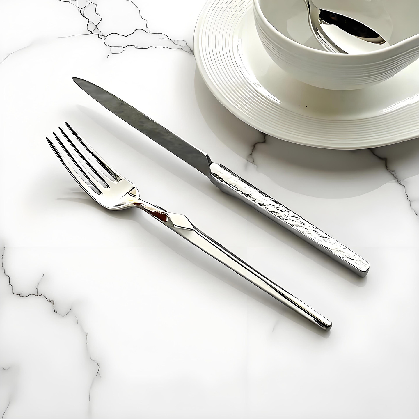 轻奢加厚锻造304不锈钢西餐具套装单边锤目纹牛排刀叉勺子五件套,淘宝优惠券,粉丝福利购,淘宝优惠卷