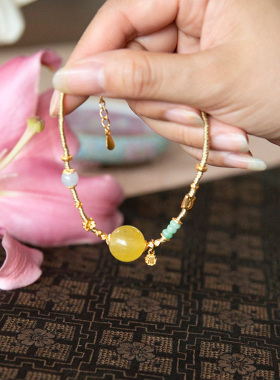 水舞L1286天然俄料蜜蜡圆珠手链辣绿色翡翠A小隔珠翡翠新中式手链