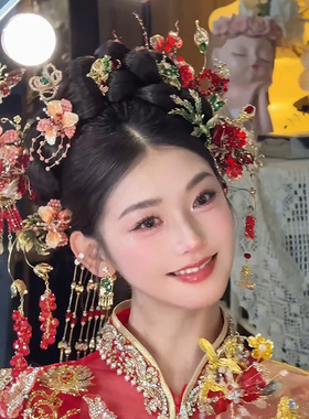 水舞U2273中式大气复古发钗簪子套装红色结婚奢华婚礼新娘头饰