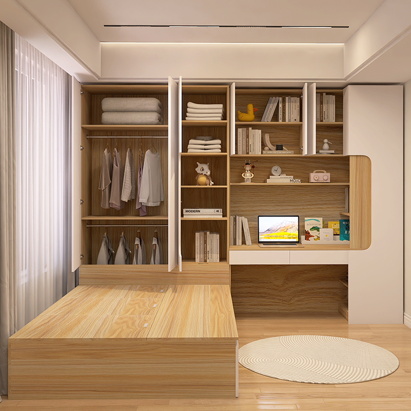 衣柜床一体小户型家用卧室套装组合省空间高箱榻榻米带书桌储物床 - 图1