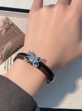 冷淡风黑色皮革蝴蝶项链女小众气质高级感配饰套装个性气质颈链