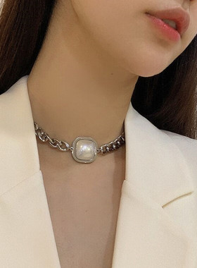 钛钢饰品 长款白色圆珠链女式几何型欧美风嘻哈爱心方形金属项链