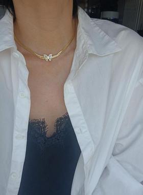 韩版刀片链贝壳蝴蝶锁骨链防水防汗女生手链短款耳环金色套装项链