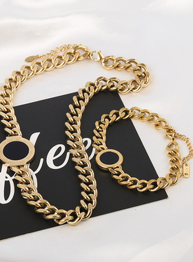 欧美夸张黑色圆牌粗链条钛钢项链网红同款个性锁骨链时尚毛衣链女