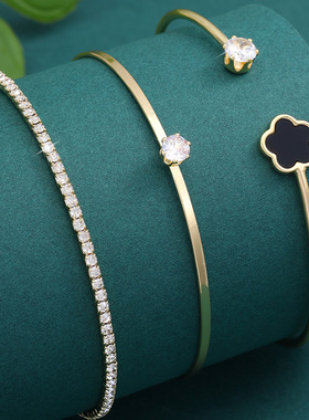 新款五瓣花开口手镯三件套欧美外贸wish热卖五叶草手环套装