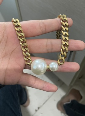 2023新款欧美时尚个性大小珍珠粒相接金色金属扁链项链颈饰INS