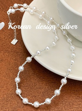 韩国小众设计饰品 S925纯银贝珠光珠项链 高级叠戴锁骨链百搭女款