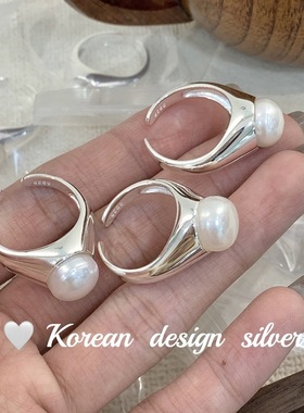 韩国ins风重工亮银饰品 S925纯银光面天然淡水珍珠戒指开口