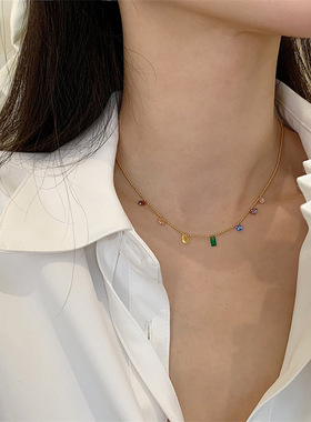 幻彩少女心蓝钻彩虹水滴锆石七色项链 ins时尚钛钢镀金锁骨链