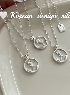 韩国东大门网红同款耳饰 S925纯银 白色滴釉郁金香圆牌项链高级感