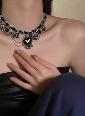 复古暗黑哥特风气质辣妹黑色爱心蝴蝶朋克项链甜酷多层个性颈链女