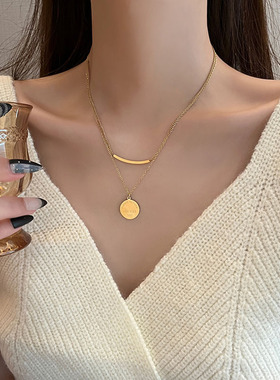 洗澡不用摘叠戴钛钢微笑双层项链女ins锁骨链圆牌小众设计网红潮