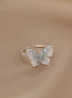 花迹碎冰蓝蝴蝶戒指女款小众设计感开口可调节食指戒超仙气质指环