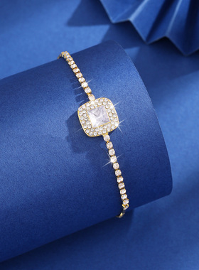 轻奢高级感满钻超闪小方糖抽拉手链女日韩风ins风时尚方形手饰潮