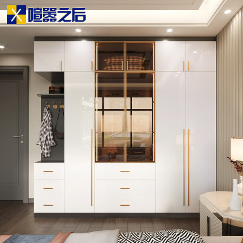 轻奢衣柜家用卧室定制整体衣帽间带灯衣橱组合收纳储物柜子8A-809 - 图0