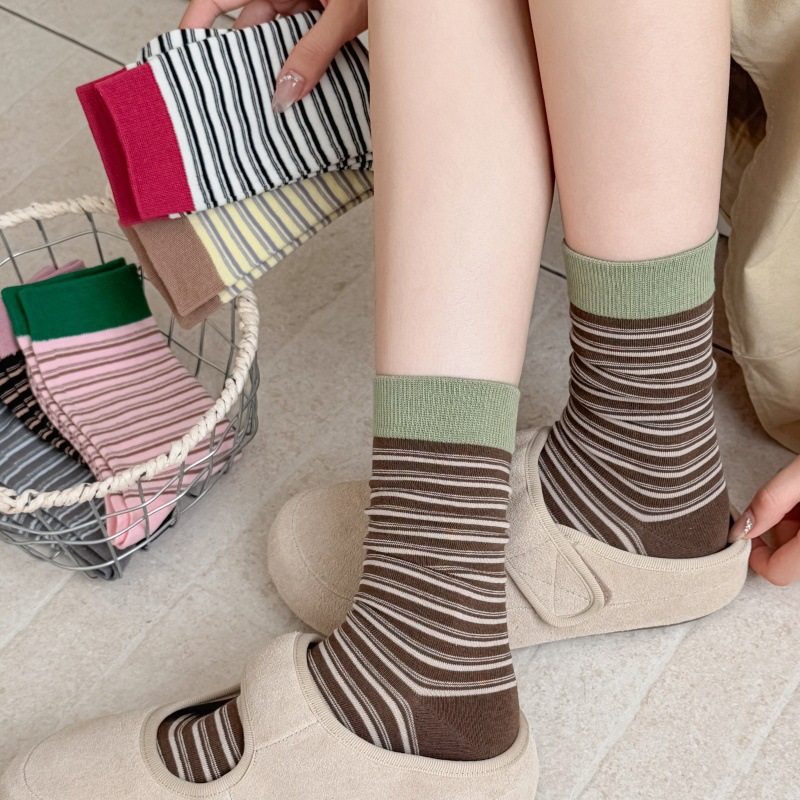 YOUJIAXIU撞色宽罗口miu系松弛感复古条纹袜子秋冬日系无骨堆堆,淘宝优惠券,粉丝福利购,淘宝优惠卷