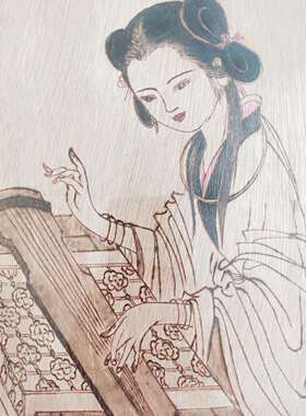 手工烙画练琴图  烫画 火笔画 手工艺品 木版画国画书画52*52cm