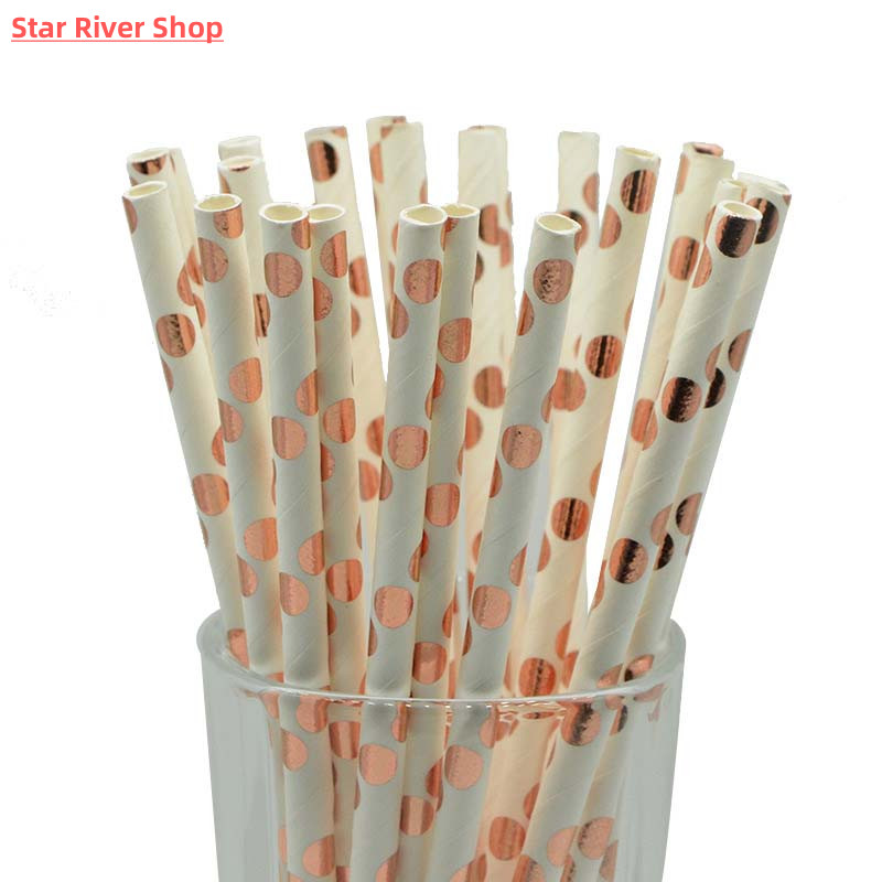 25pcs Rose Gold Paper Straws Strip Dot Drinking Straw Dispos - 图0