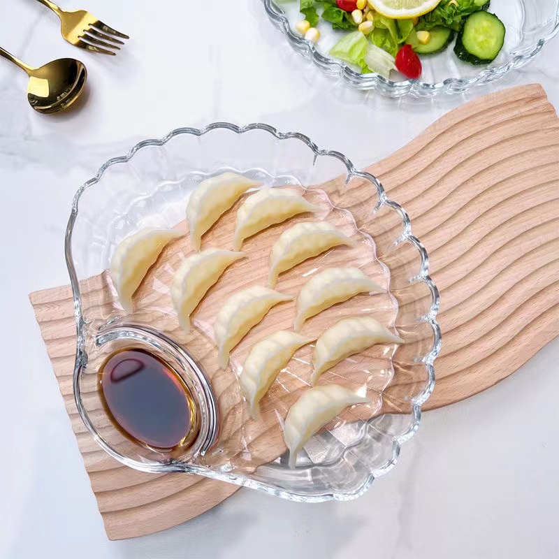 玻璃家用贝壳盘子饺子盘带水饺扇形专用水果盘减脂分餐盘料盘一体