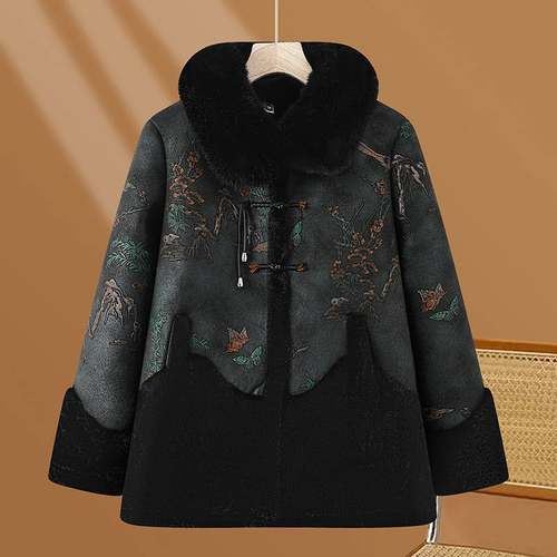 官方正品中老年人冬装外套女妈妈新中式国风上衣奶奶时尚皮毛一体 - 图1