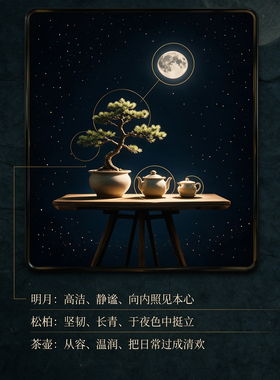 现代简约月下松茶桌面装饰画办公室书房静心挂画文艺小众摆件
