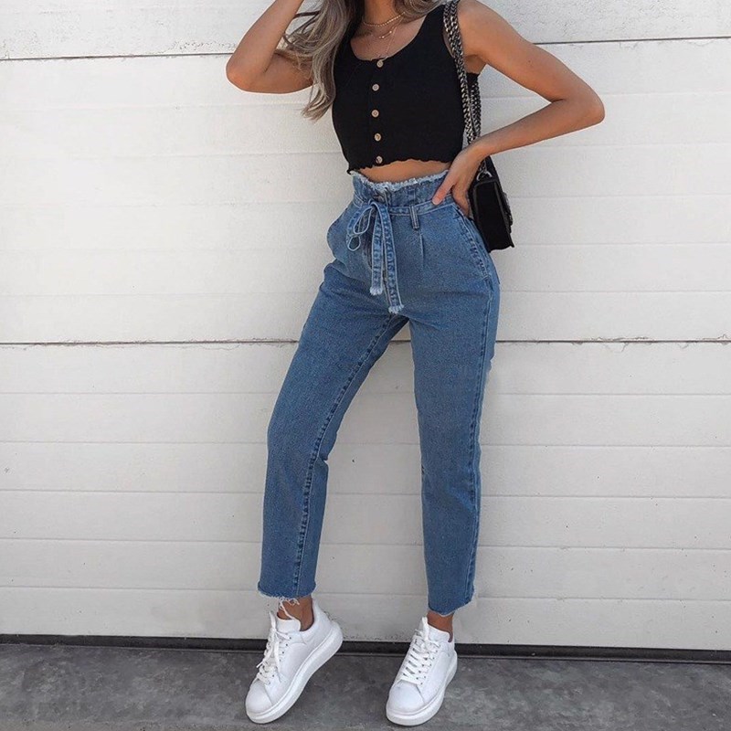 Hot style women's high-waisted denim jeans妇女毛边高腰牛仔裤-图1