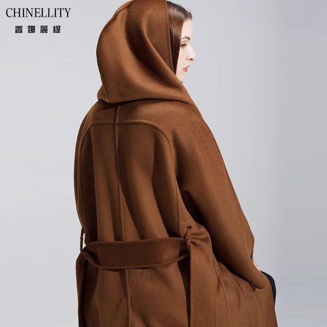 水波纹连帽双面羊绒大衣黑色红驼蓝高端长款羊毛呢外套女秋冬新