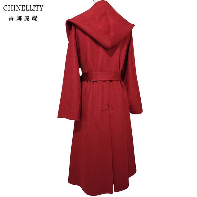 水波纹连帽双面羊绒大衣黑色红驼蓝高端长款羊毛呢外套女秋冬新