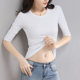 White slim fit ribbed cotton round neck mid-sleeve t-shirt for women summer