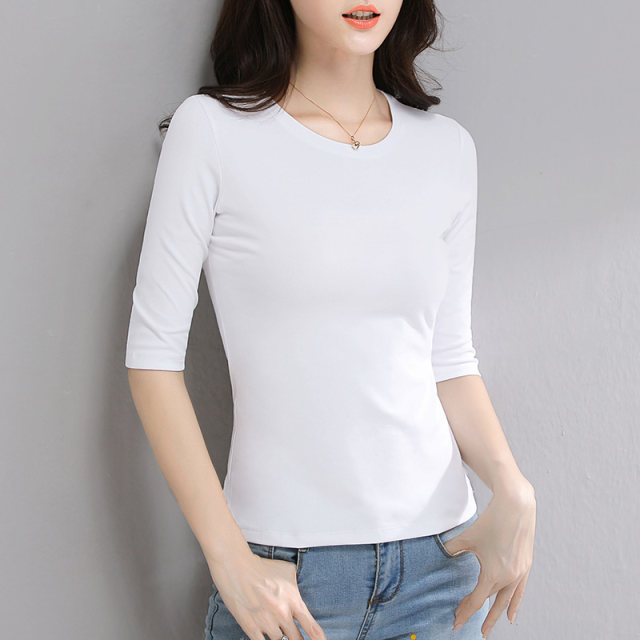 White slim fit ribbed cotton round neck mid-sleeve t-shirt for women summer
