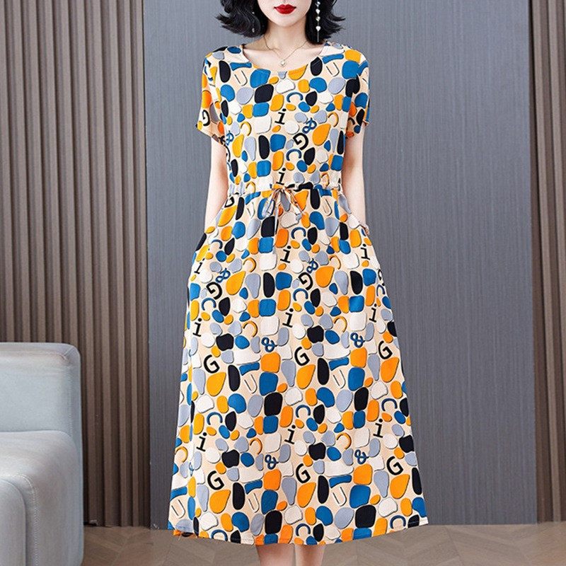 2025新款气质棉绸连衣裙女夏季时尚收腰显瘦中长款人造棉印花裙子,淘宝优惠券,粉丝福利购,淘宝优惠卷