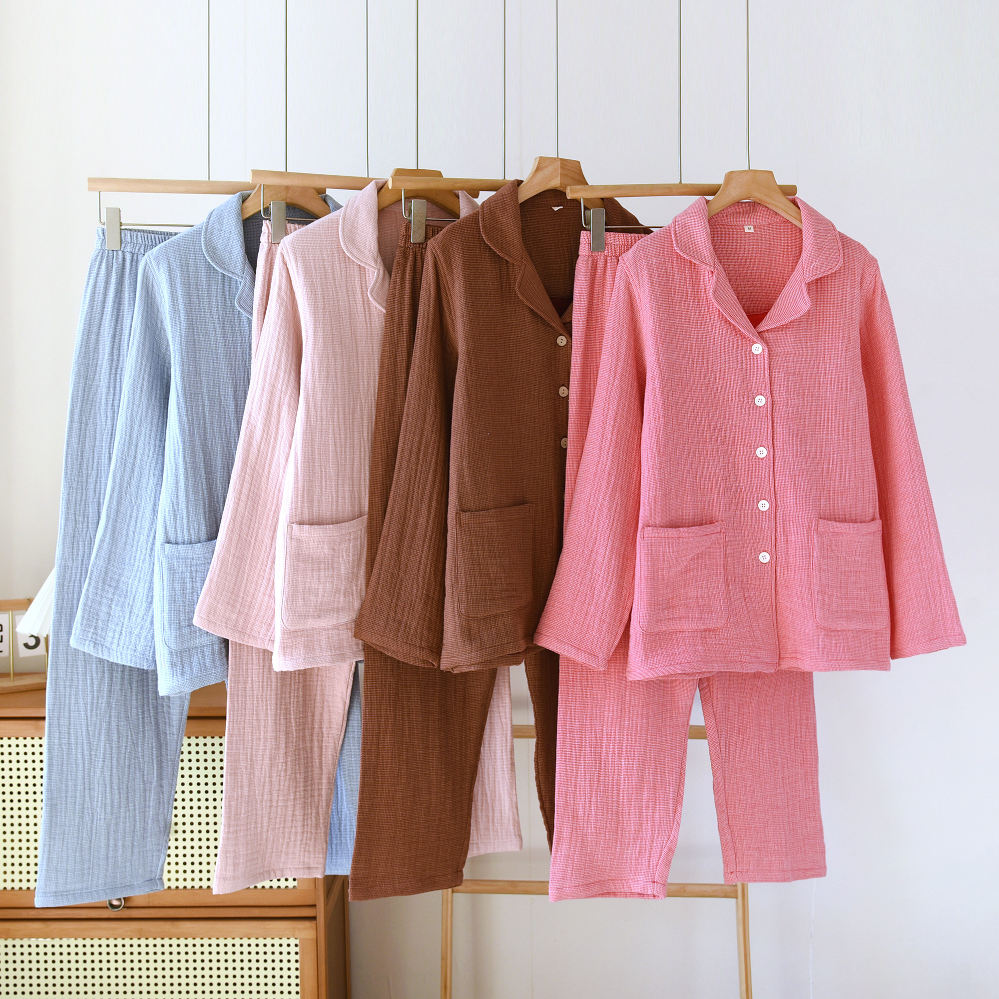 春秋冬季新款色织四层纱睡衣长袖长裤女士包边大码休闲简约家居服,淘宝优惠券,粉丝福利购,淘宝优惠卷