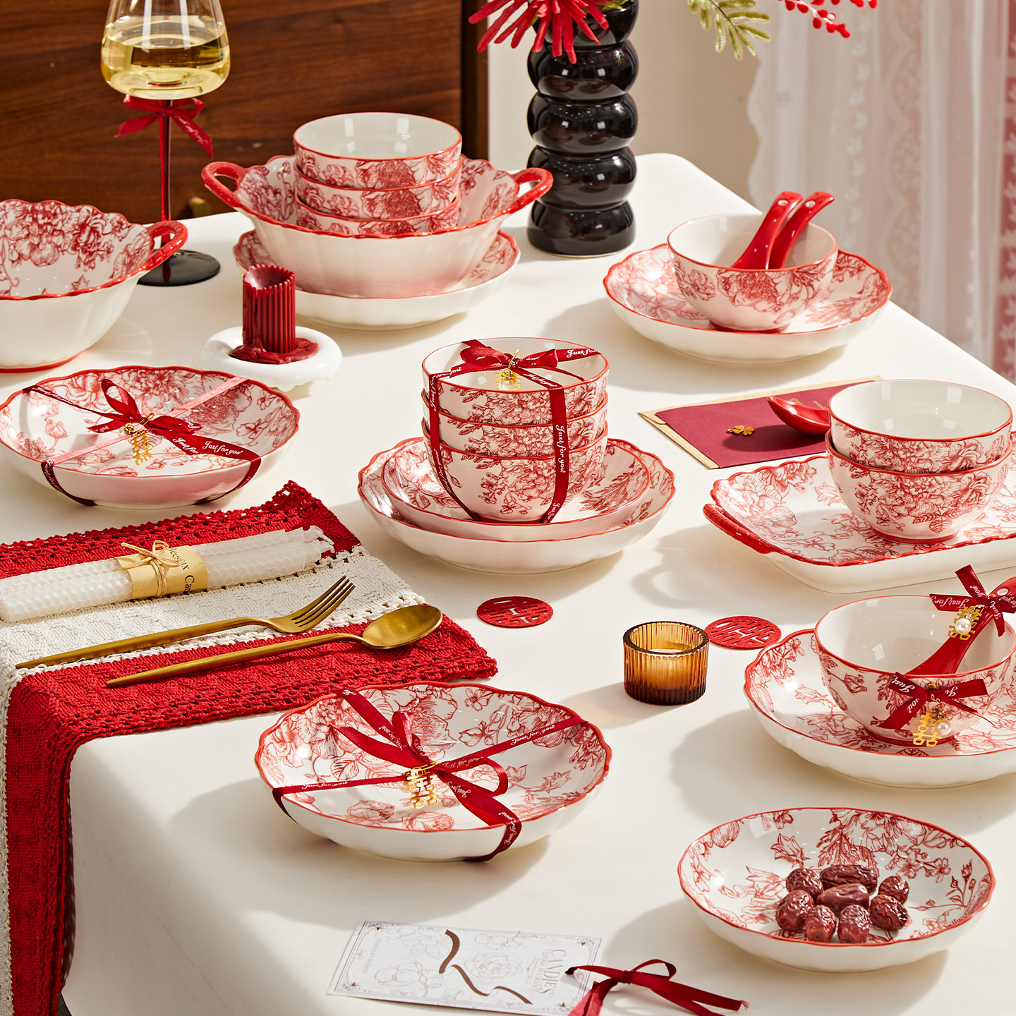 结婚喜碗陪嫁碗筷套装结婚新婚碗碟碗具餐具套装礼盒送新人礼物,淘宝优惠券,粉丝福利购,淘宝优惠卷