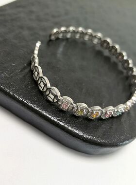 S379# S925通体纯银镀白金精工镶嵌碧玺手镯 高档宝石手排