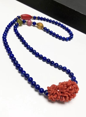 D370# 天然老矿青金石三圈手链6.5-6.8mm 配尼泊尔老琉璃珠毛毛虫