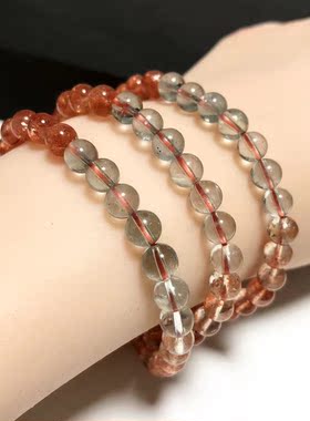 S884# 天然冰晶阿鲁沙三圈手链5.5mm 金草莓绿柱石 总重29.19克