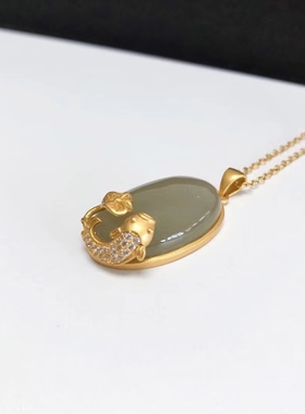 D183#天然和田玉青白玉蛋面S925纯银精工镶嵌吊坠项链28*17*7.2mm